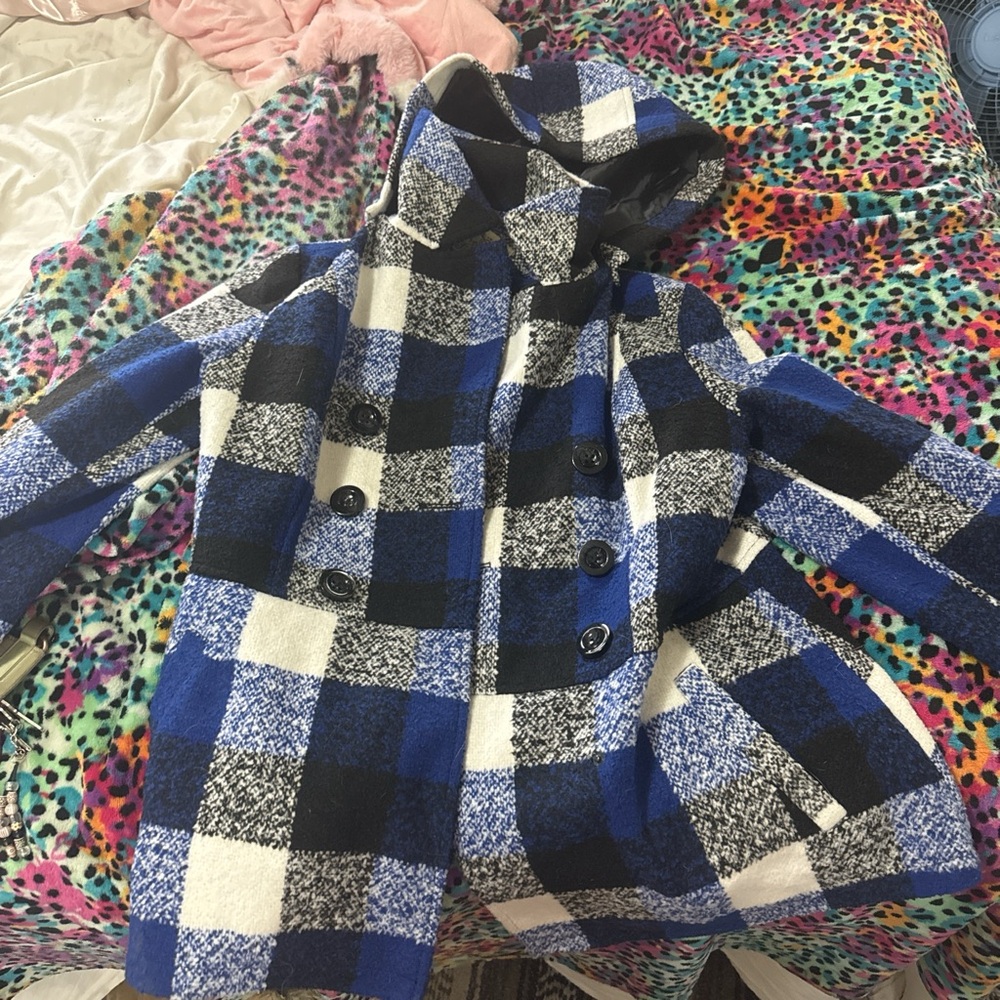 Faded Glory Women's Blue and Black Plaid Pea Coat